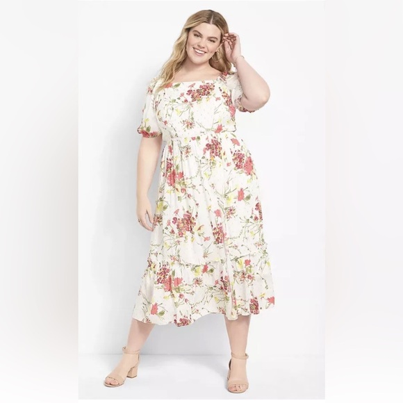 NWT Lane Bryant Floral Off The Puff Shoulder Dress 18 LONG Midi Plus Size - Picture 1 of 12